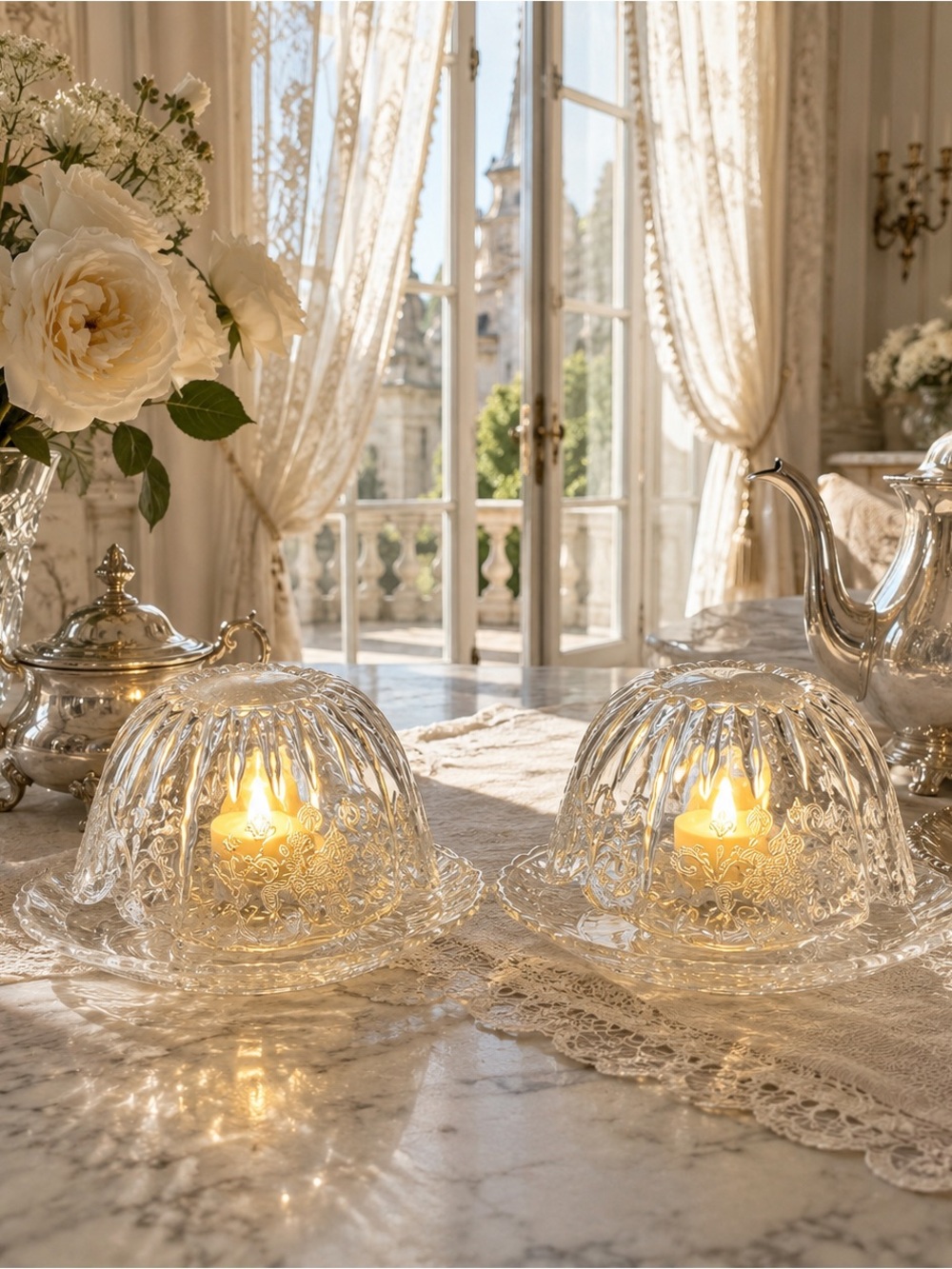 Pair of Vintage Versailles Etched Glass Fairy Lamps | Cream Soup Bowls & Saucers